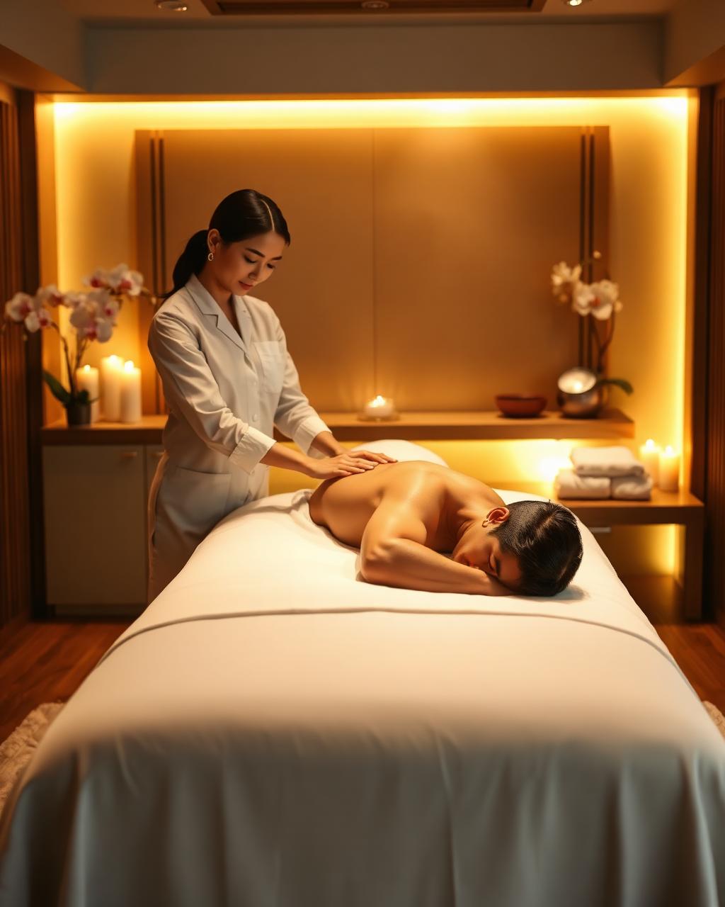 Female therapist giving a professional back massage to a male client at Sky Line Beauty & Spa